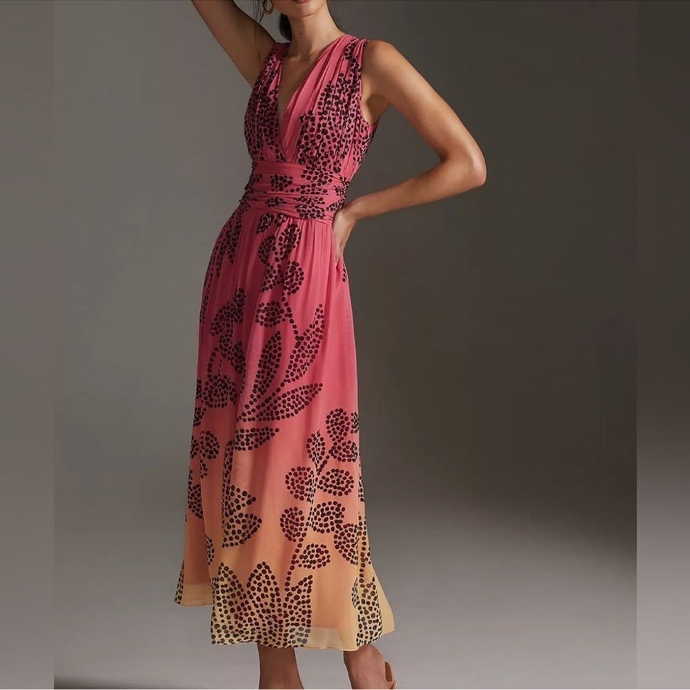 Anthropologie Pink to Peach Ombre Maxi Dress with Black Floral Print